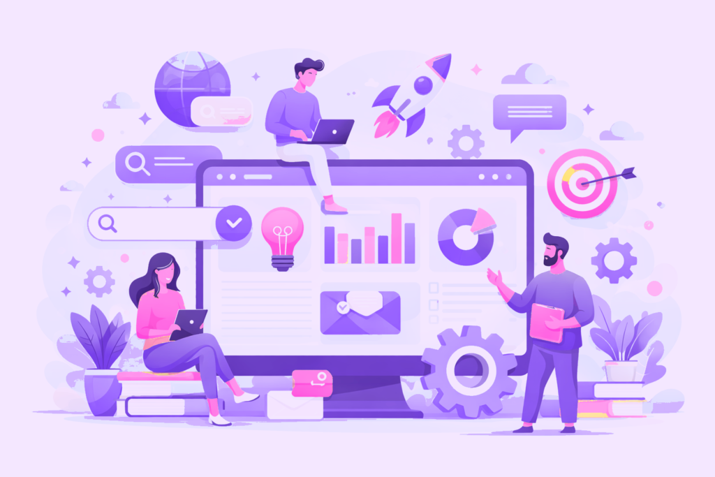 Illustration représentant des professionnels du digital travaillant ensemble sur un projet en ligne.