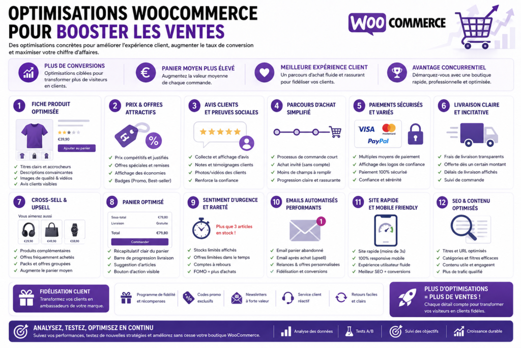 Schéma illustrant des techniques d'optimisation pour WooCommerce afin d'améliorer la performance et l'expérience